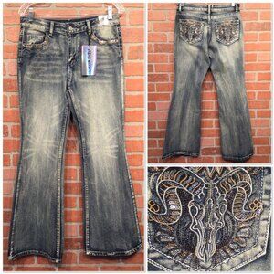New Women Bootcut Jeans Embroidered Ram Skull Pockets Sequin Size 11 Grunge Goth